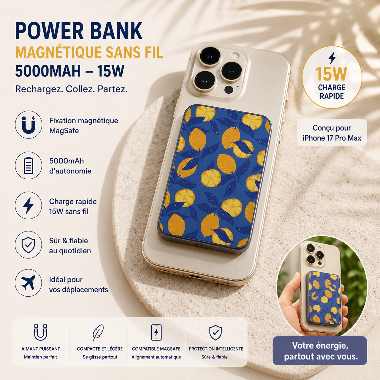 Batterie Externe Power Bank Sans Fil Magnétique MagSafe 5000mAh 15W PBUMAG5LEM Bleu