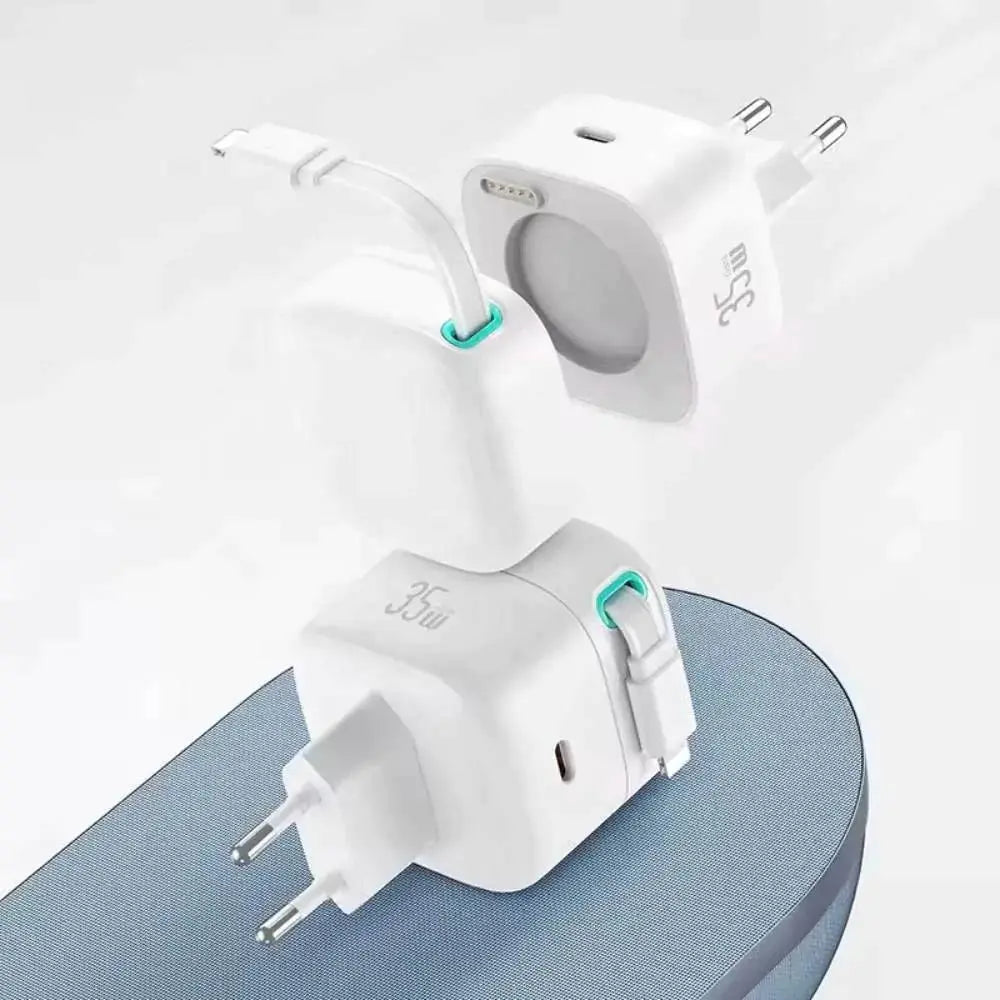 Chargeur Secteur GaN Usams US-CC209 USB-C 35W (avec Câble Rétractable Lightning) Blanc
