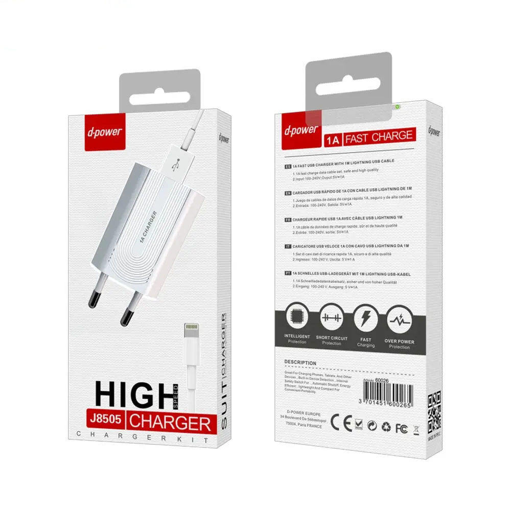 Chargeur Secteur USB d-power J8505 avec Câble Data USB vers Lightning (1m) Blanc