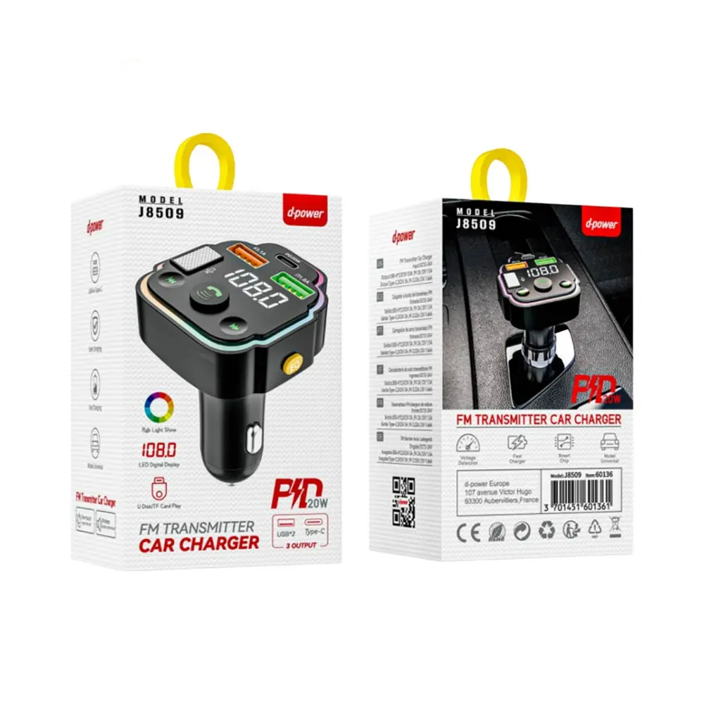 Transmetteur FM Bluetooth & Chargeur Voiture d-power J8509 20W 2x USB + USB-C Noir