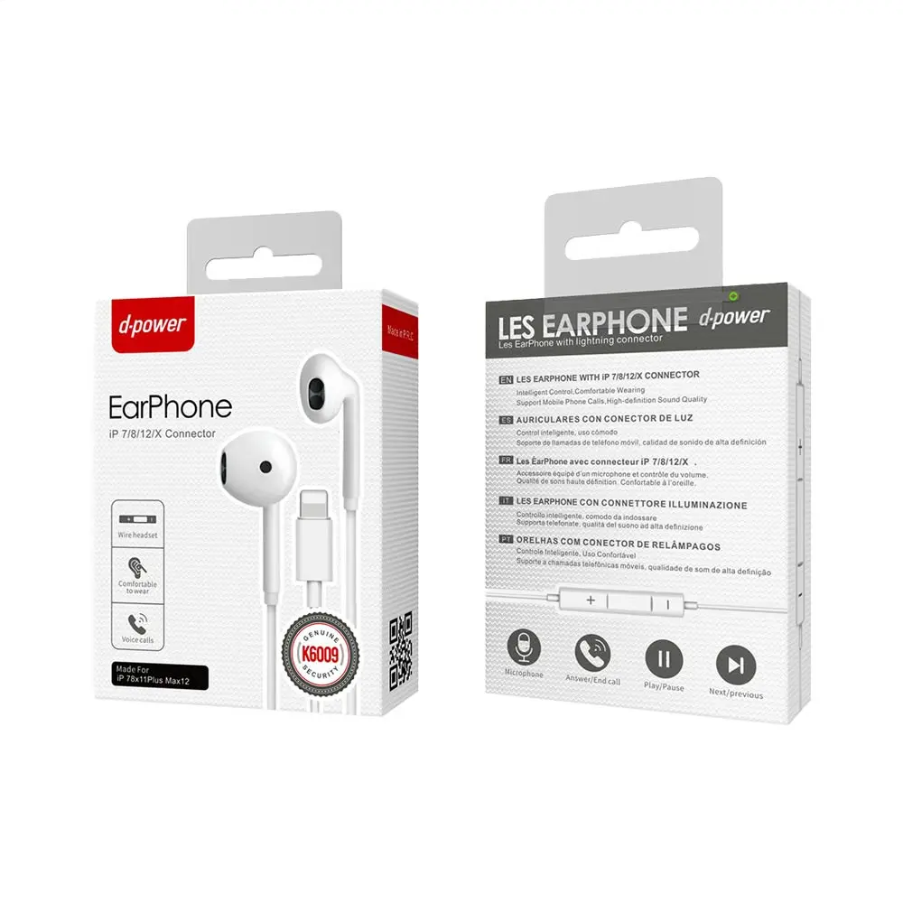 Écouteurs Filaires Lightning d-power K6009 Blanc