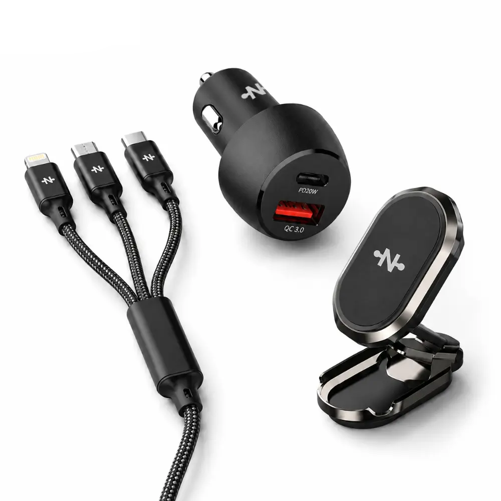 Pack Voiture CONNECT (Support Smartphone Magnétique 360° + Chargeur Allume-Cigare 48W + Câble de Charge 3A 3-en-1) Noir