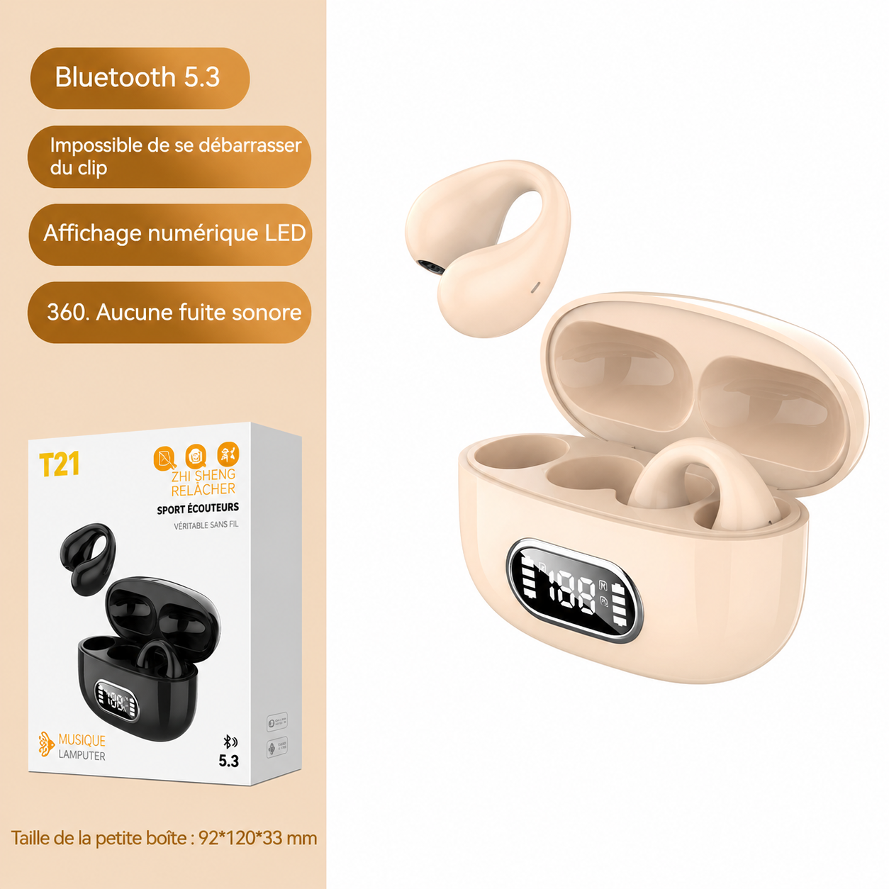 Casque Bluetooth stéréo TWS à clip d’oreille avec écran numérique et boîtier de charge