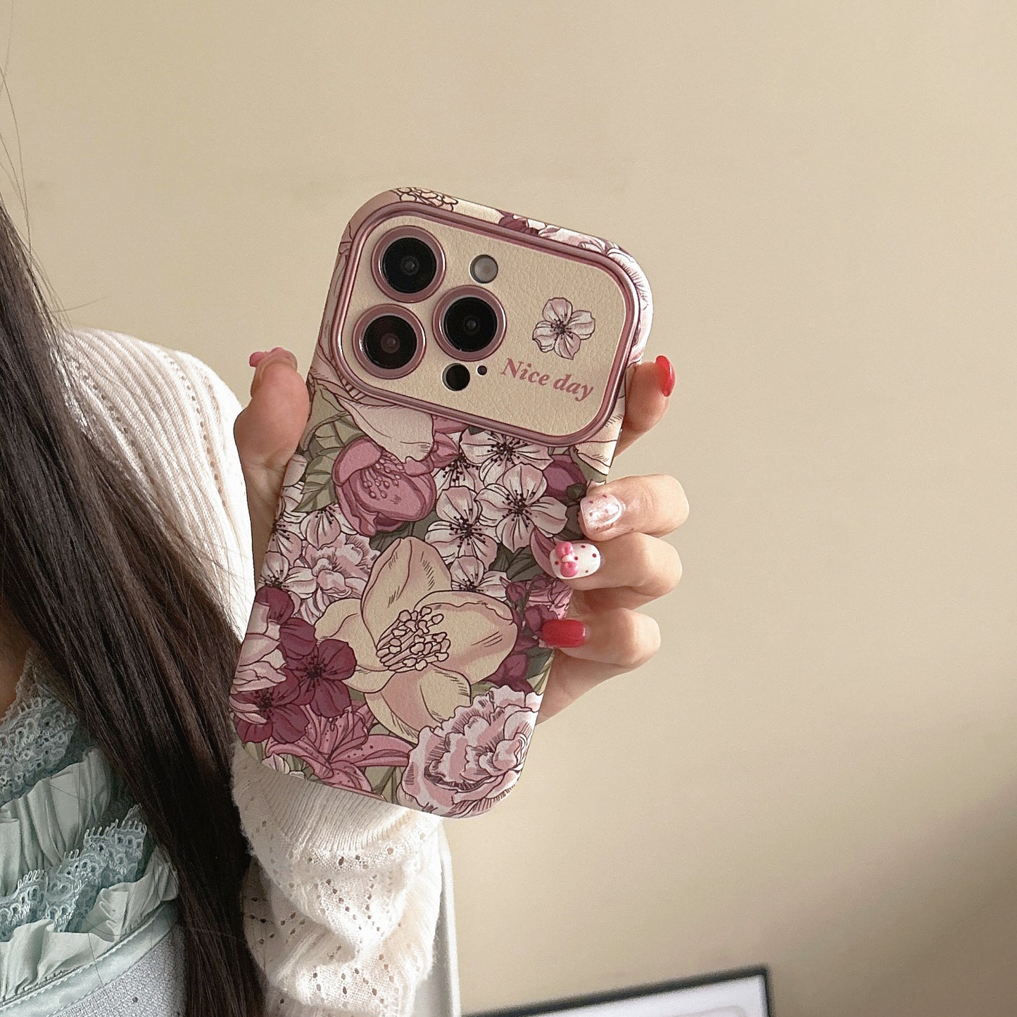 Coque de téléphone en cuir avec motif floral style peinture à l’huile rétro