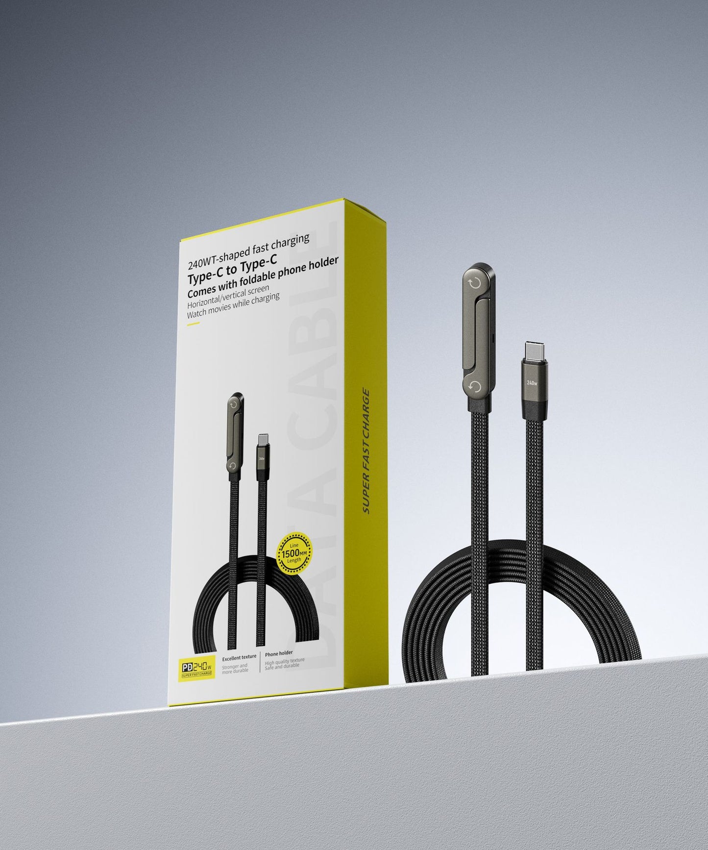 Câble de charge rapide 2-en-1 avec support pliable pour téléphone et tablette, Type-C vers Type-C / USB-A vers Type-C