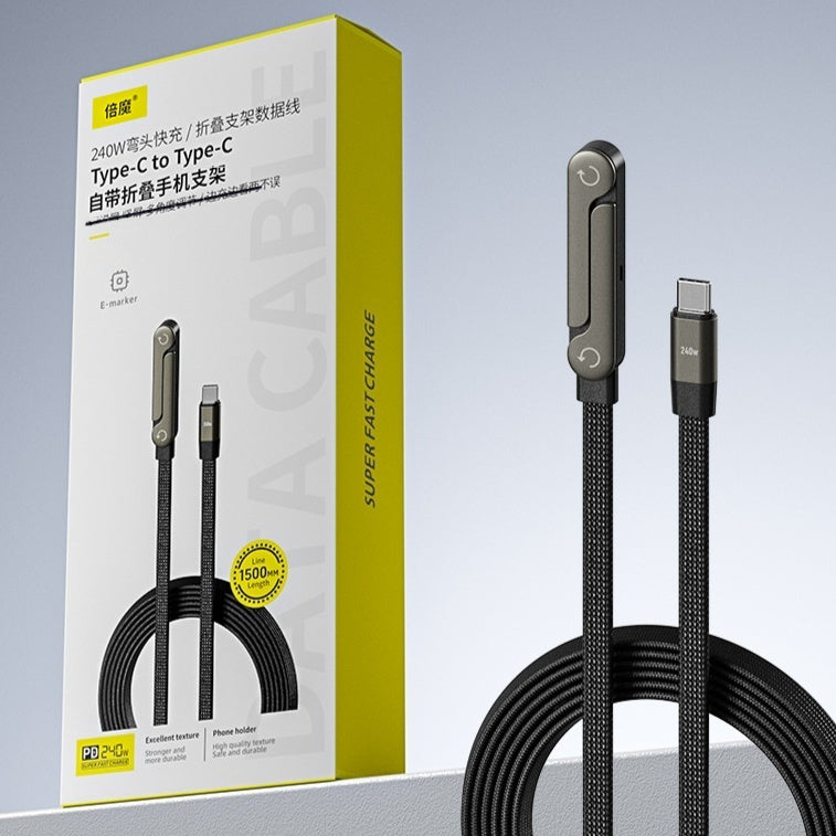 Câble de charge rapide 2-en-1 avec support pliable pour téléphone et tablette, Type-C vers Type-C / USB-A vers Type-C