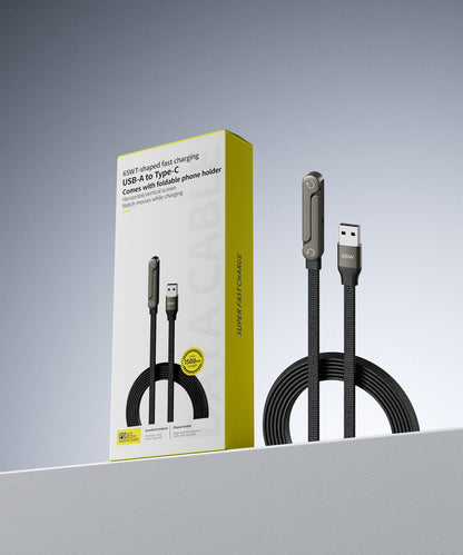 Câble de charge rapide 2-en-1 avec support pliable pour téléphone et tablette, Type-C vers Type-C / USB-A vers Type-C