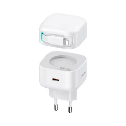 Chargeur Secteur GaN Usams US-CC209 USB-C 35W (avec Câble Rétractable Lightning) Blanc