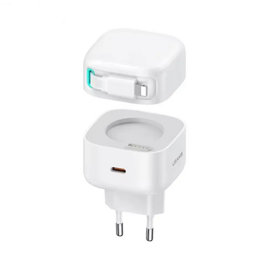 Chargeur Secteur GaN Usams US-CC209 USB-C 35W (avec Câble Rétractable Lightning) Blanc