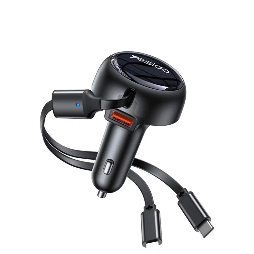 Chargeur Allume-Cigare Yesido Y61 53W (avec Câble Rétractable Lightning + USB-C) Noir