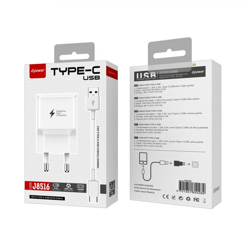 Chargeur Secteur USB d-power J8516 15W avec Câble Data USB vers USB-C (1.2m) Blanc