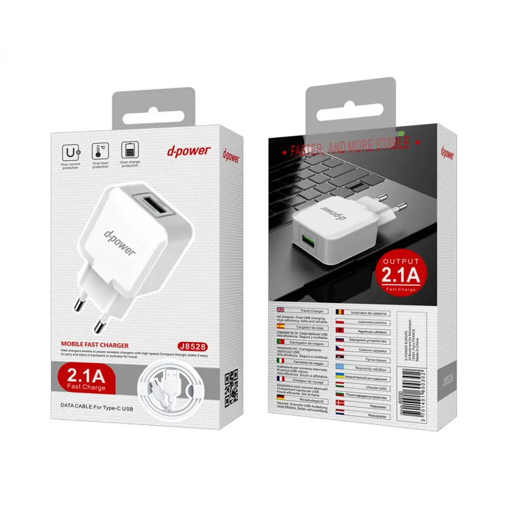 Chargeur Secteur USB d-power J8528 10.5W avec Câble Data USB vers USB-C Blanc