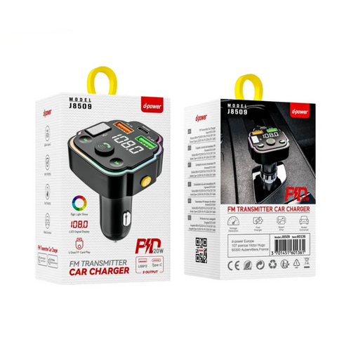 Transmetteur FM Bluetooth & Chargeur Voiture d-power J8509 20W 2x USB + USB-C Noir