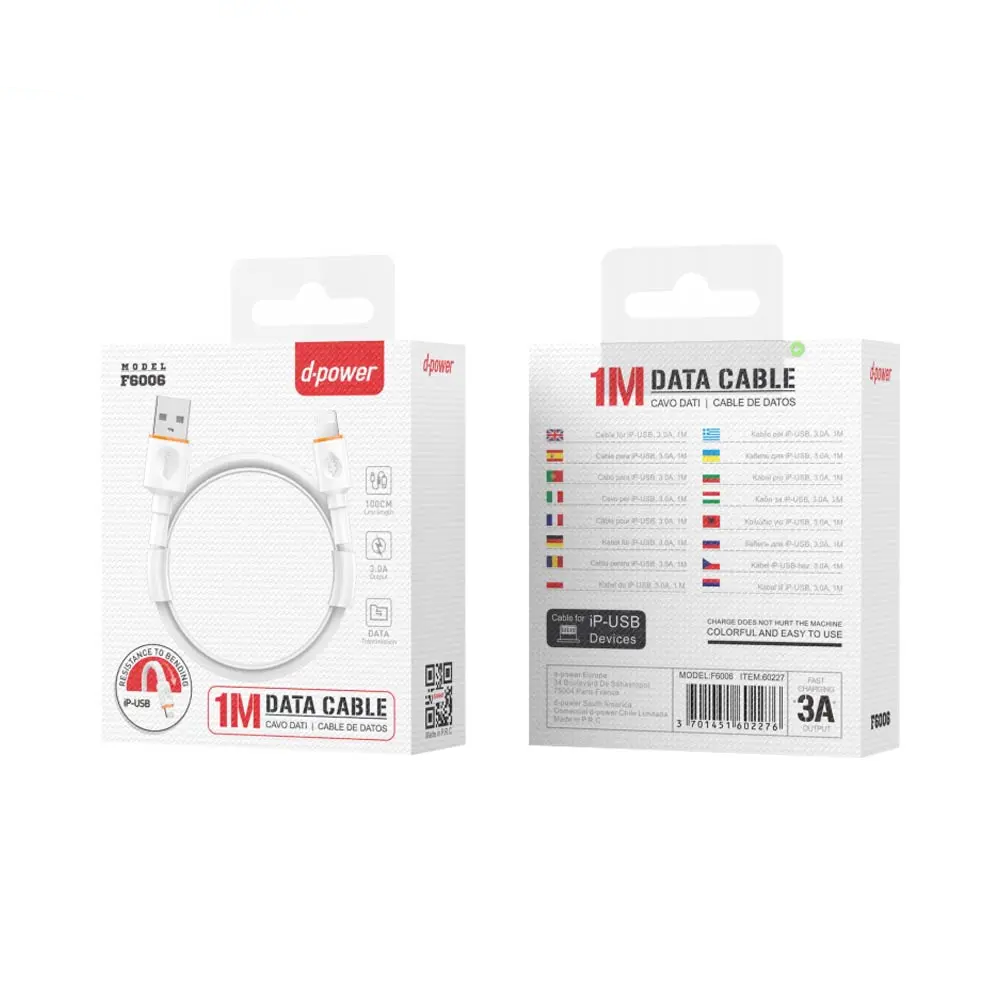 Câble Data USB vers Lightning d-power F6006 (1m) Blanc