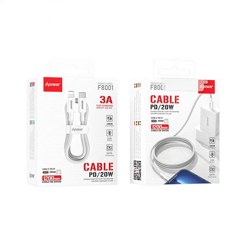 Câble Data USB-C vers Lightning d-power F8001 Nylon Tressé 20W (1.2m) Blanc