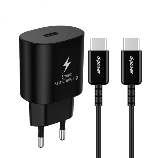 Chargeur Secteur USB-C d-power J8548B Charge Rapide 25W avec Câble Data USB-C vers USB-C Noir