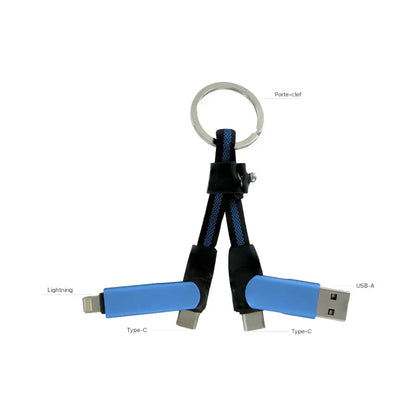 Porte-Clés Multi Câbles 5 en 1 (Lightning + 2x USB-C + USB-A) Bleu