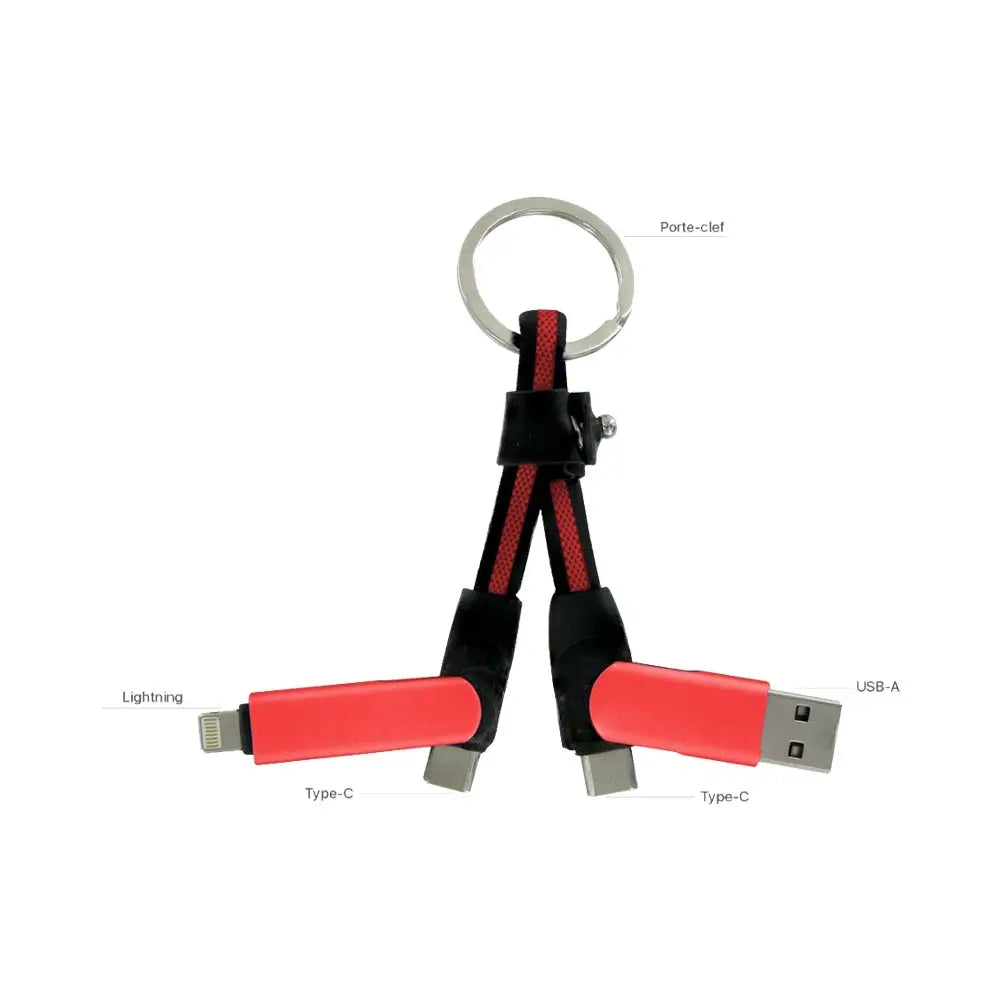 Porte-Clés Multi Câbles 5 en 1 (Lightning + 2x USB-C + USB-A) Rouge
