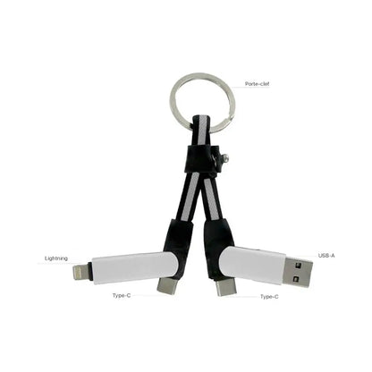 Porte-Clés Multi Câbles 5 en 1 (Lightning + 2x USB-C + USB-A) Argent