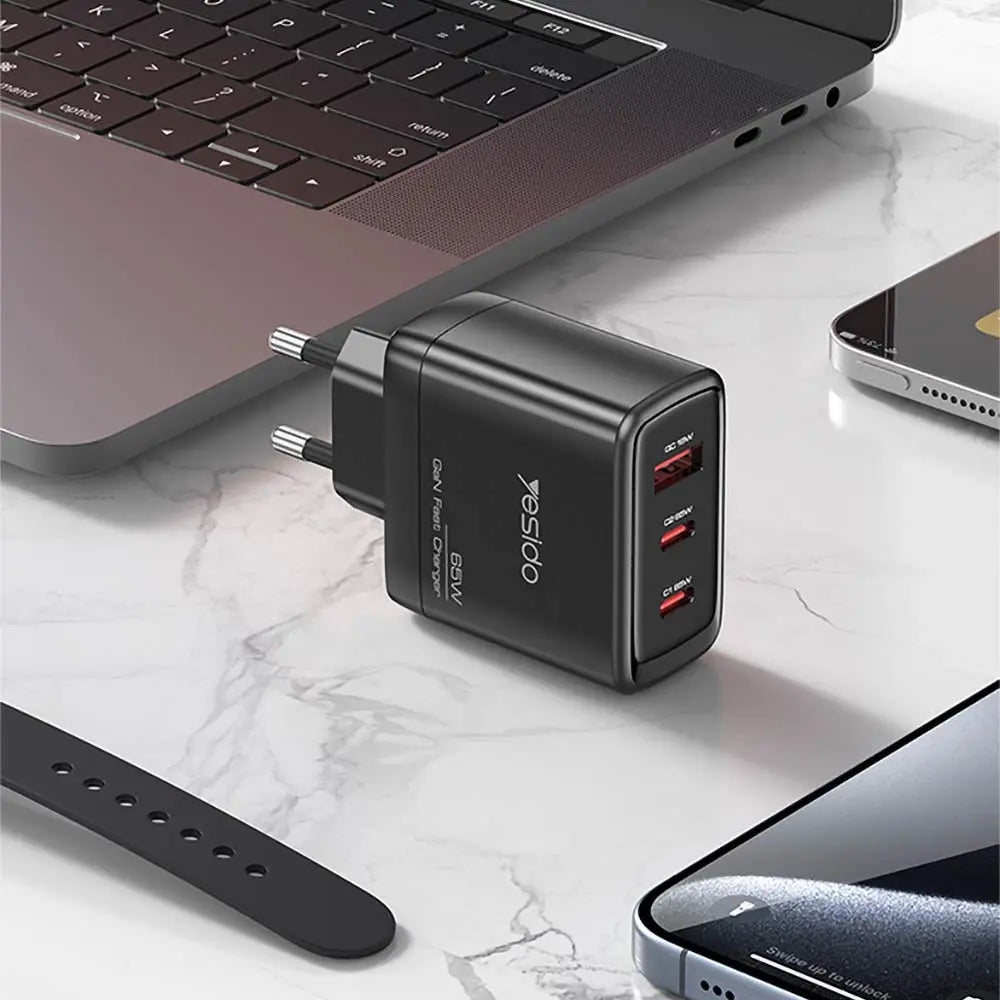 Chargeur Secteur GaN Multi (2x USB-C + USB) Yesido YC144C 65W Noir