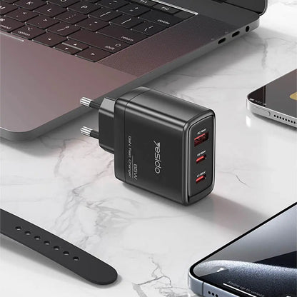 Chargeur Secteur GaN Multi (2x USB-C + USB) Yesido YC144C 65W Noir
