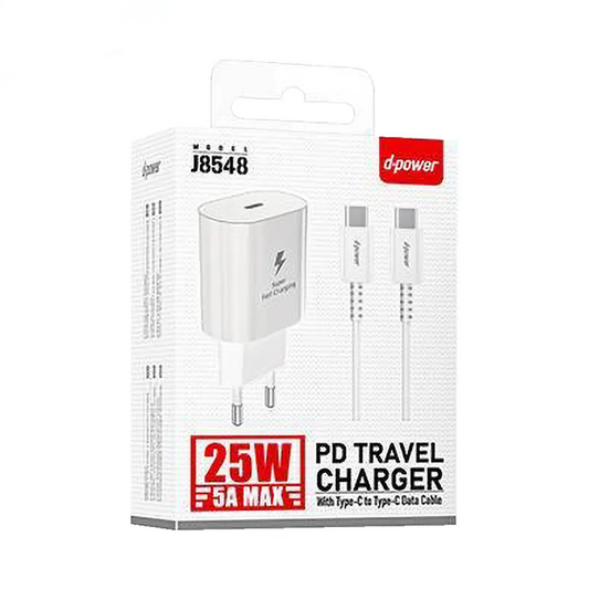 Chargeur Secteur USB-C d-power J8548 Charge Rapide 25W avec Câble Data USB-C vers USB-C Blanc