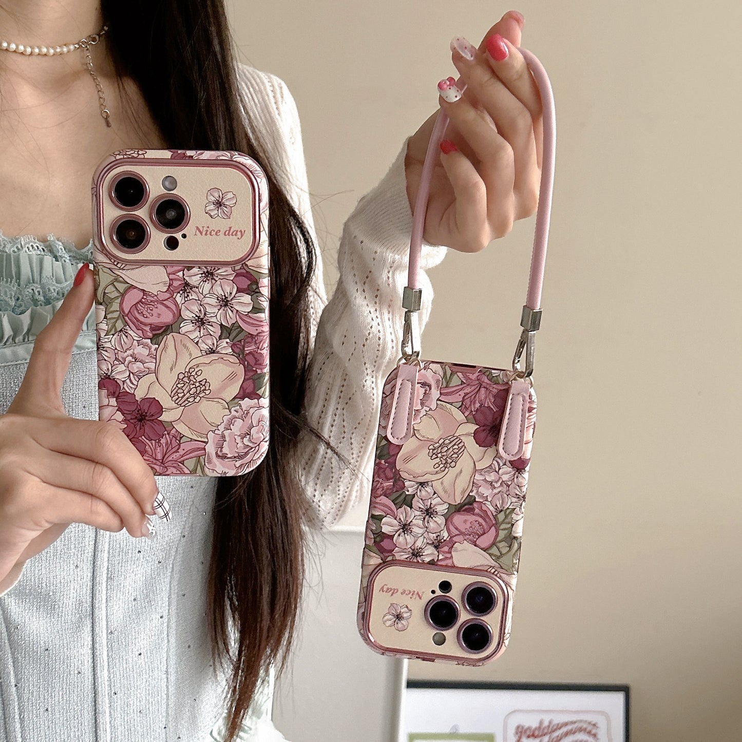Coque de téléphone en cuir avec motif floral style peinture à l’huile rétro