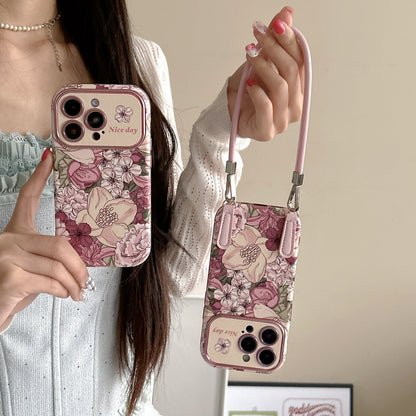 Coque de téléphone en cuir avec motif floral style peinture à l’huile rétro
