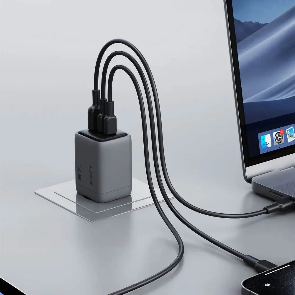 Chargeur Secteur Multi GaN AUKEY PA-C3 67W 2x USB-C + 1 USB Gris