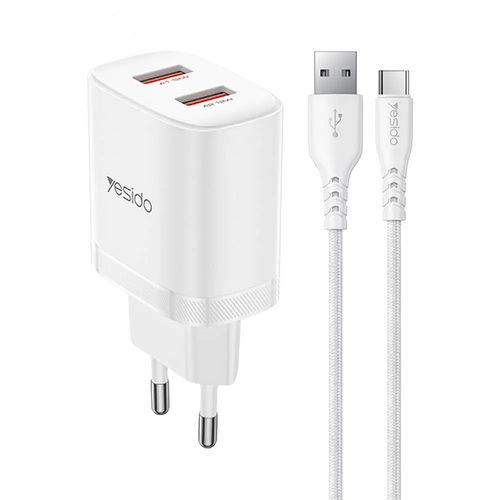 Chargeur Secteur Multi Yesido 12W YC104 2x USB-A avec Câble USB-A vers USB-C Blanc