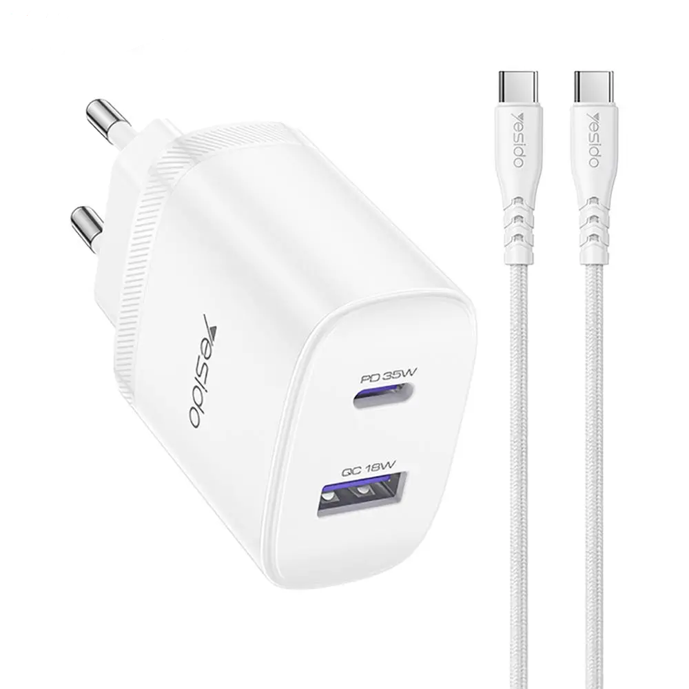Chargeur Secteur Multi Yesido YC108 USB + USB-C 35W avec Câble USB-C vers USB-C Blanc