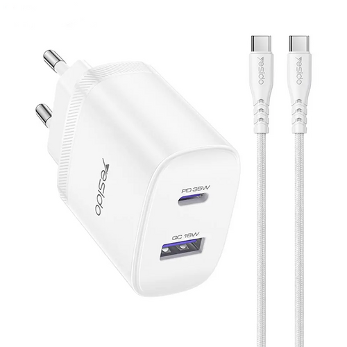 Chargeur Secteur Multi Yesido YC108 USB + USB-C 35W avec Câble USB-C vers USB-C Blanc