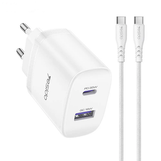 Chargeur Secteur Multi Yesido YC108 USB + USB-C 35W avec Câble USB-C vers USB-C Blanc