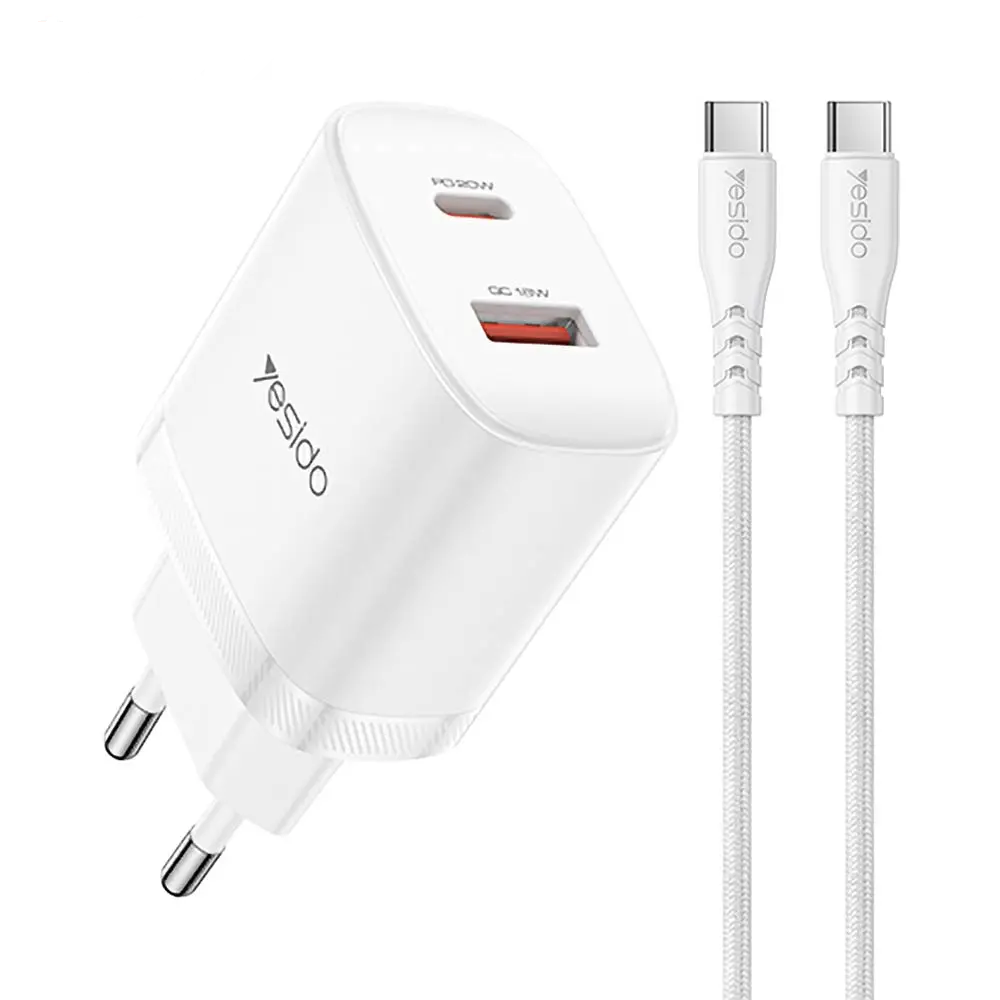Chargeur Secteur Multi Yesido YC106 USB + USB-C 20W avec Câble USB-C vers USB-C Blanc