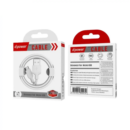 Câble Data USB vers Micro USB d-power F6001 1m Blanc