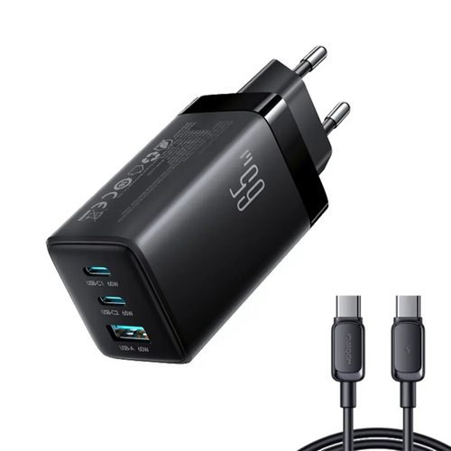 Chargeur Secteur Multi GaN JOYROOM JR-TG10 65W avec Câble USB-C vers USB-C 100W 1.2m Noir