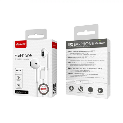 Écouteurs Filaires Lightning d-power K6009 Blanc