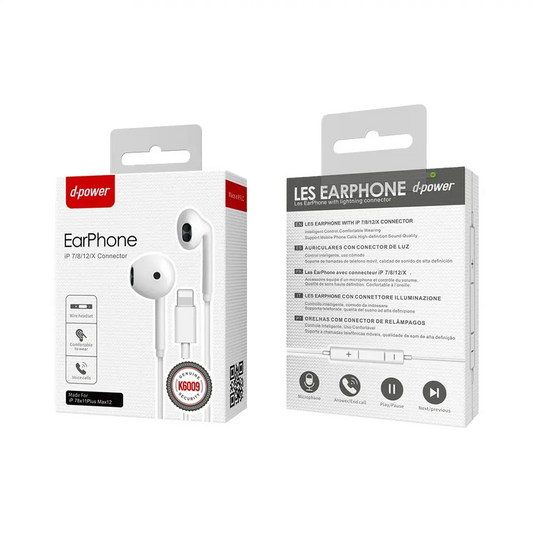 Écouteurs Filaires Lightning d-power K6009 Blanc