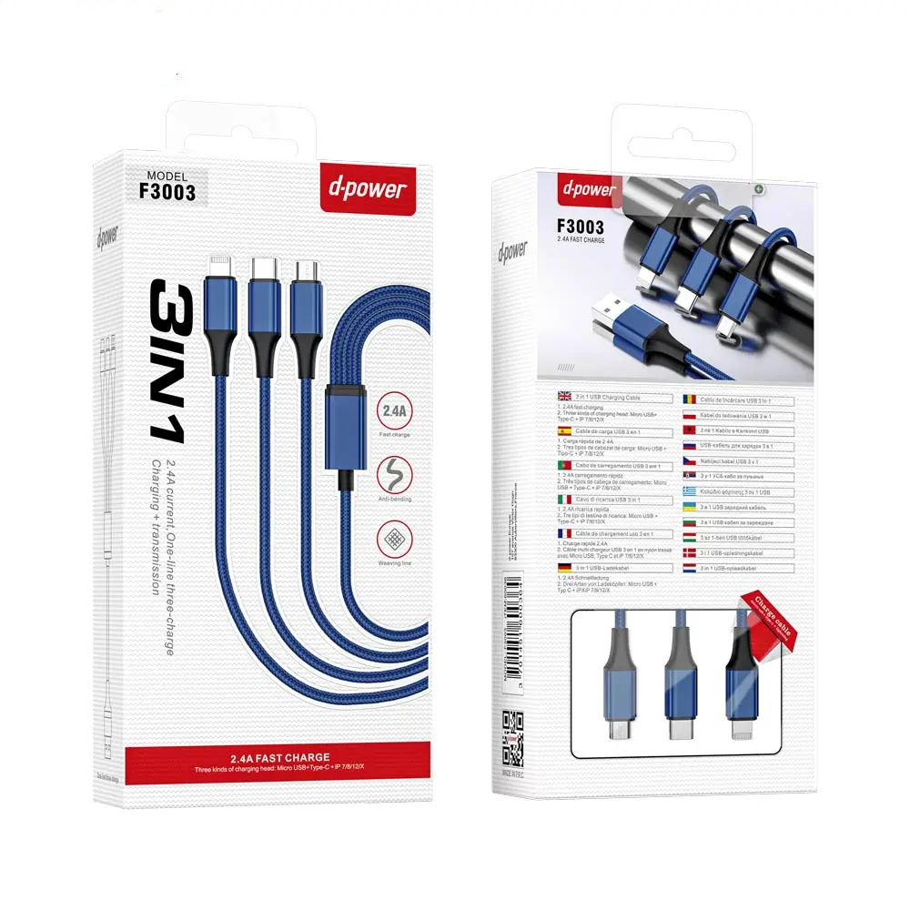 Câble Data Multi d-power F3003 USB vers Lightning + USB-C + Micro USB Bleu