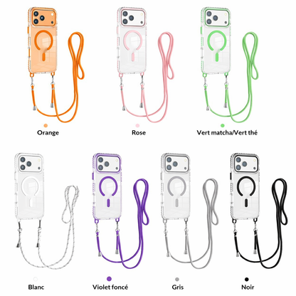 Coque transparente magnétique avec bandoulière pour iPhone 17 Pro Max