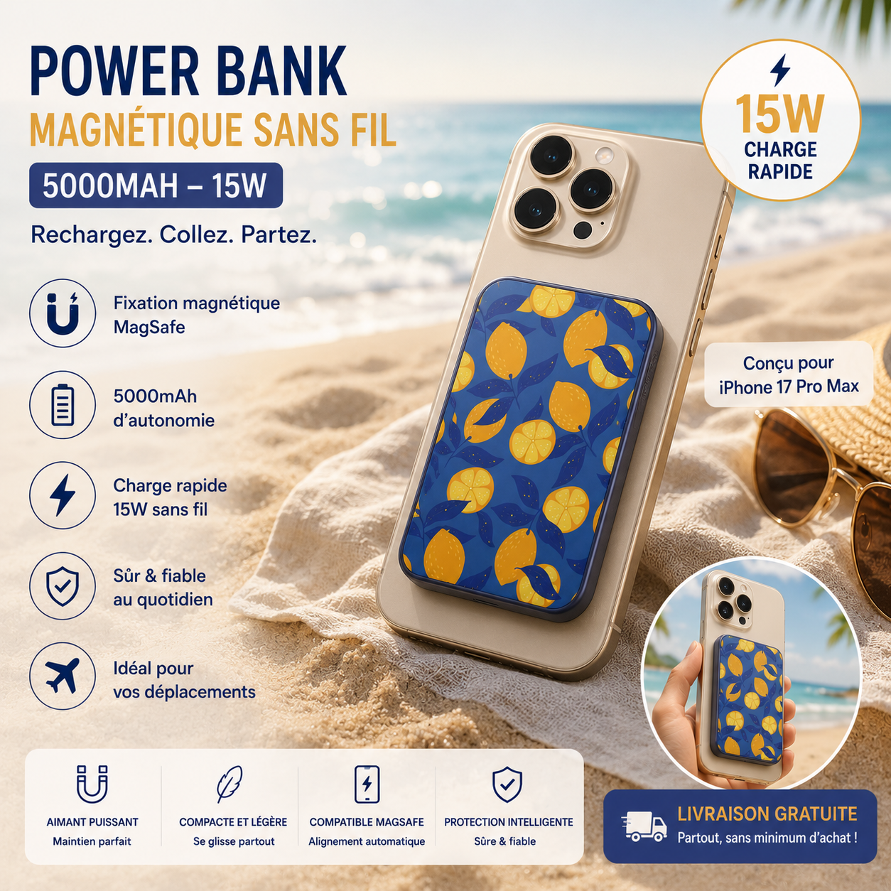 Batterie Externe Power Bank Sans Fil Magnétique MagSafe 5000mAh 15W PBUMAG5LEM Bleu