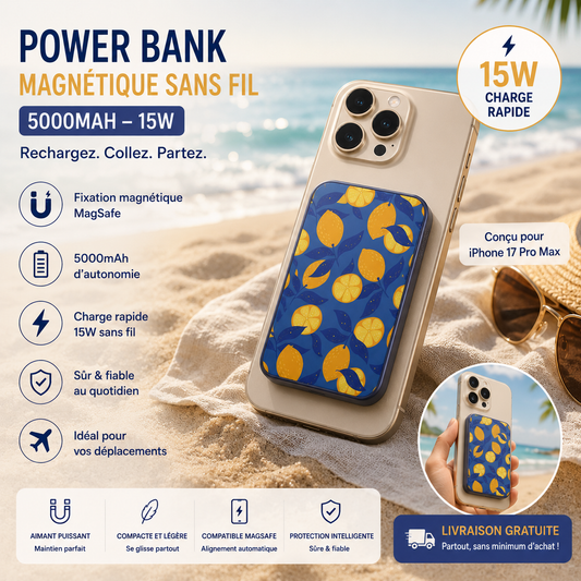 Batterie Externe Power Bank Sans Fil Magnétique MagSafe 5000mAh 15W PBUMAG5LEM Bleu