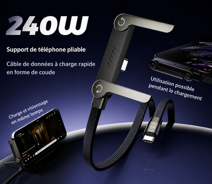 Câble de charge rapide 2-en-1 avec support pliable pour téléphone et tablette, Type-C vers Type-C / USB-A vers Type-C