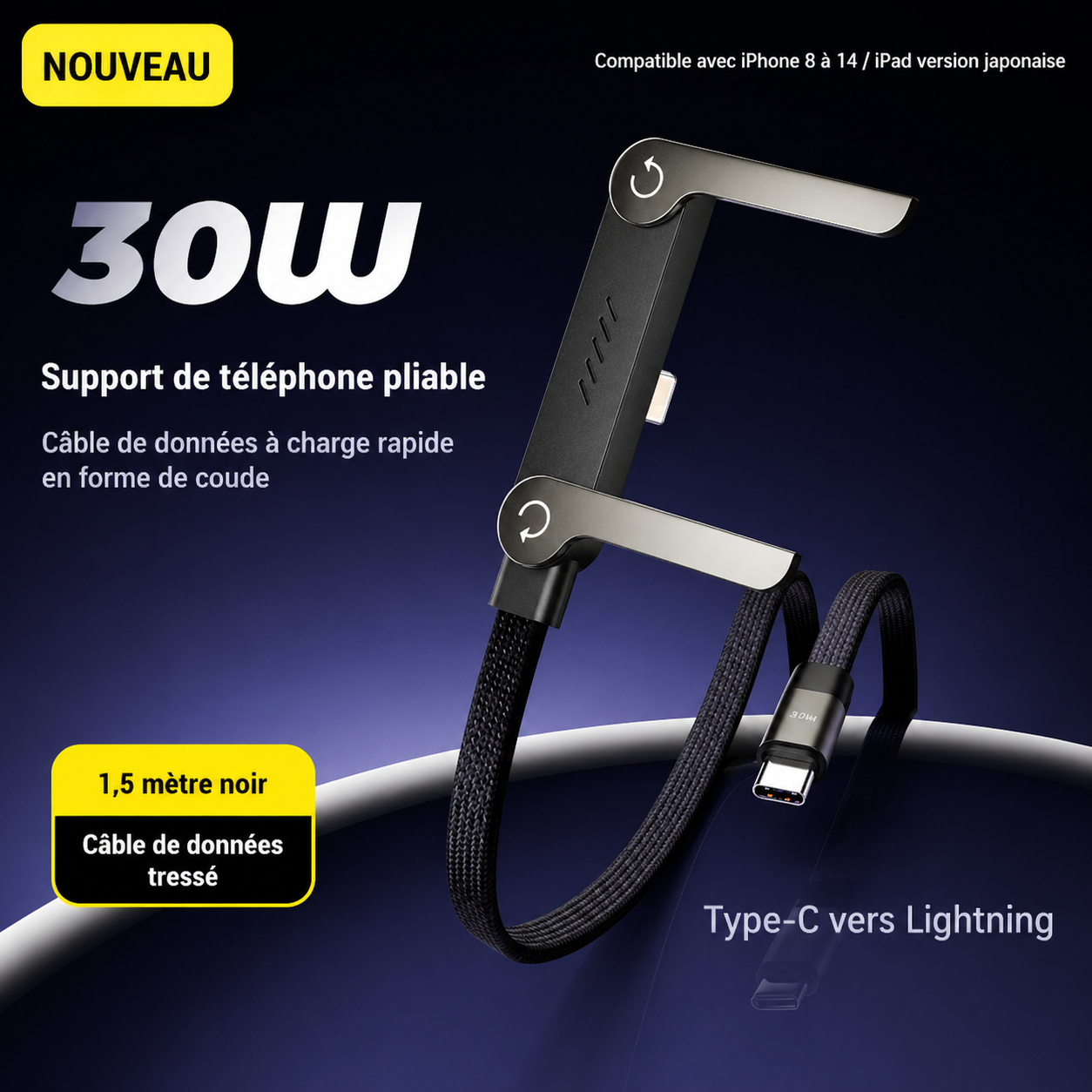 Câble de charge rapide 2-en-1 avec support pliable pour téléphone et tablette, Type-C vers Type-C / USB-A vers Type-C