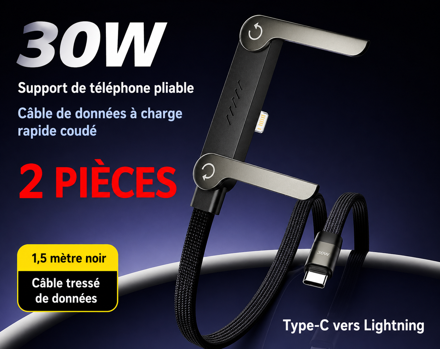 Câble de charge rapide 2-en-1 avec support pliable pour téléphone et tablette, Type-C vers Type-C / USB-A vers Type-C