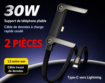 Câble de charge rapide 2-en-1 avec support pliable pour téléphone et tablette, Type-C vers Type-C / USB-A vers Type-C