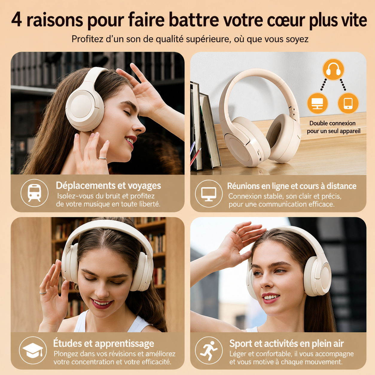 Casque Bluetooth circum-aural avec réduction active du bruit et autonomie ultra longue