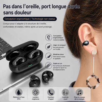 Casque Bluetooth sans fil à clip d’oreille TWS, confortable à porter, non intra-auriculaire, sport, conduction osseuse, Bluetooth 5.3