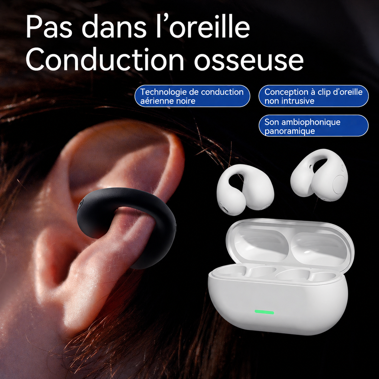 Casque Bluetooth sans fil à clip d’oreille TWS, confortable à porter, non intra-auriculaire, sport, conduction osseuse, Bluetooth 5.3