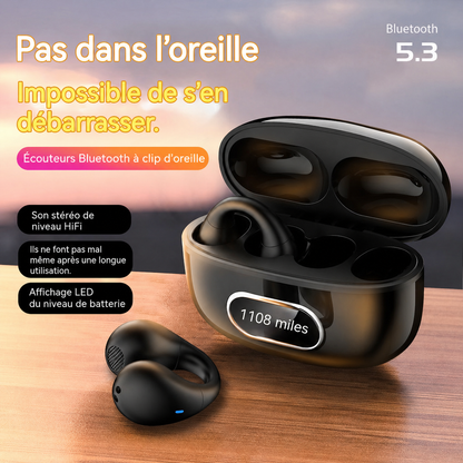 Casque Bluetooth stéréo TWS à clip d’oreille avec écran numérique et boîtier de charge